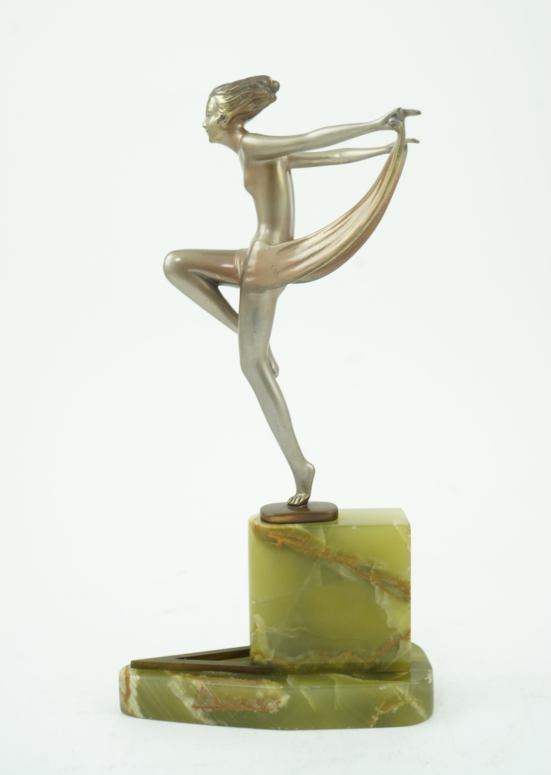 Josef Lorenzl (Austrian, 1892-1950): An Art Deco silvered bronze model of a ‘Scarf Dancer’
